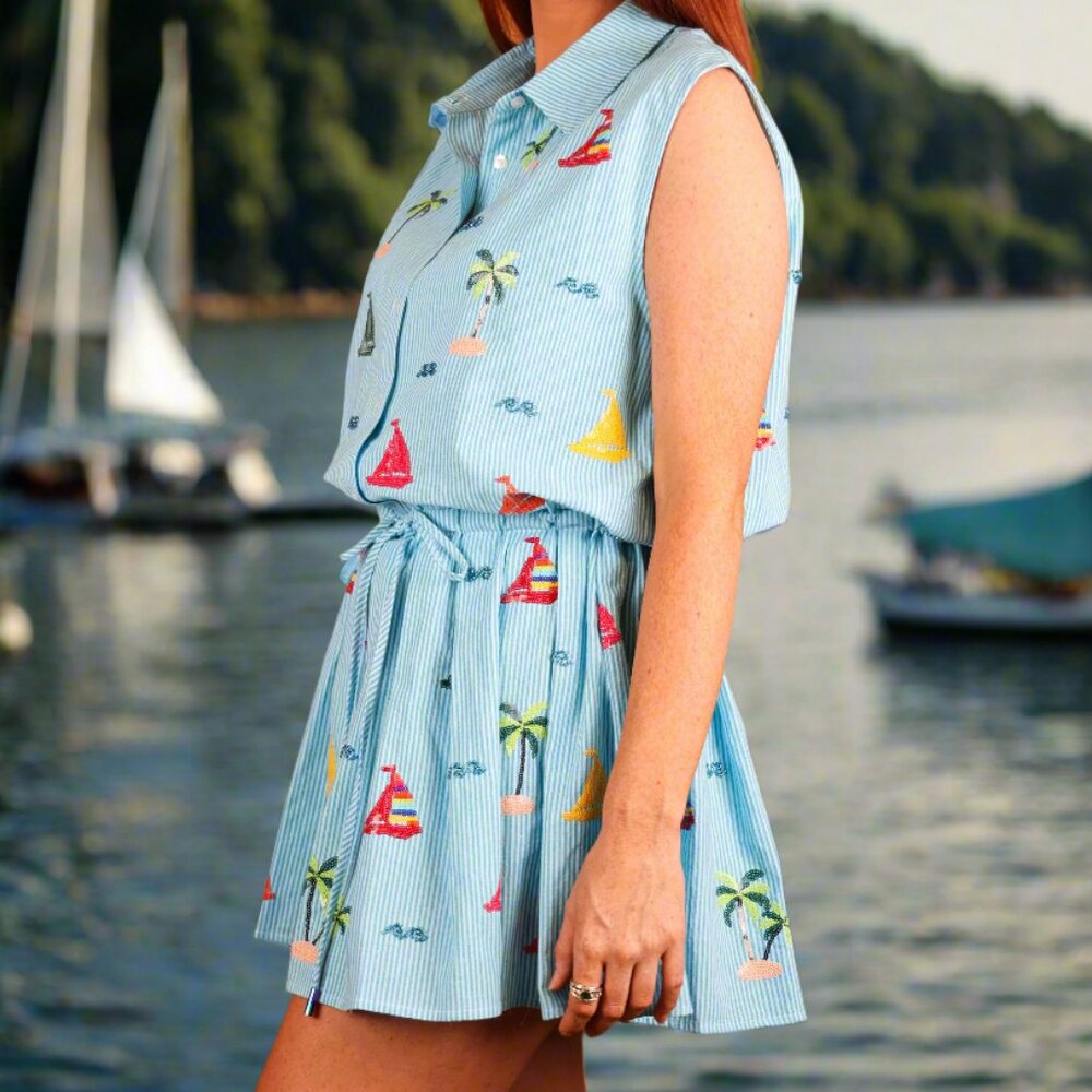 NWT Queen of Sparkles Blue Stripe Sail Boat & Palm Tree Icon Cotton Tie Dress - Picture 3 of 8